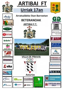 Artibai Futbol Taldeko Beteranoak eta Villa de Pravia taldearen arteko lagunarteko partidaren kartela.